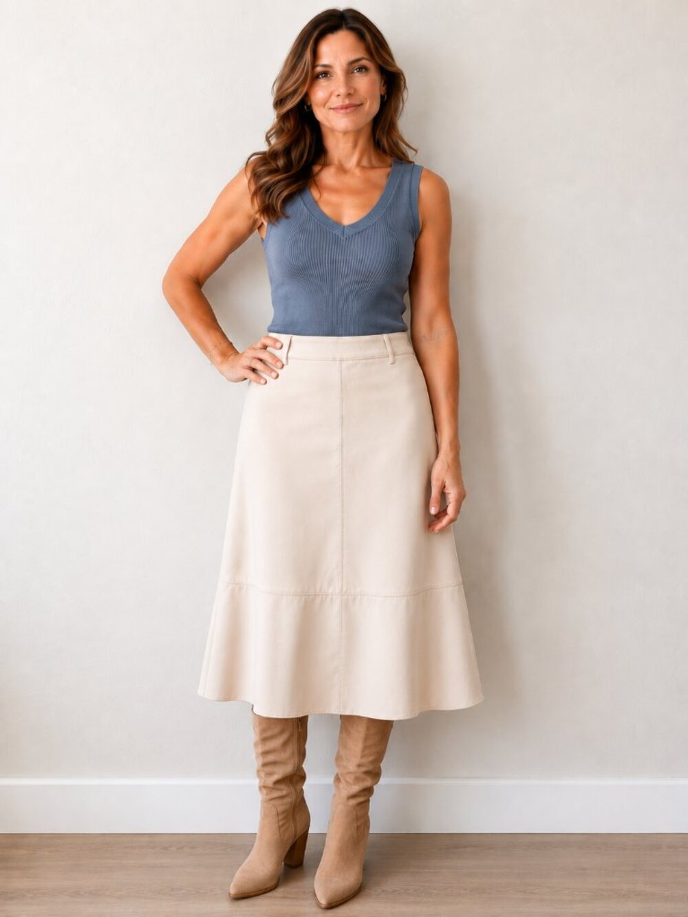 Haute Monde Cream Faux Leather Midi A-Line Skirt | Size Large